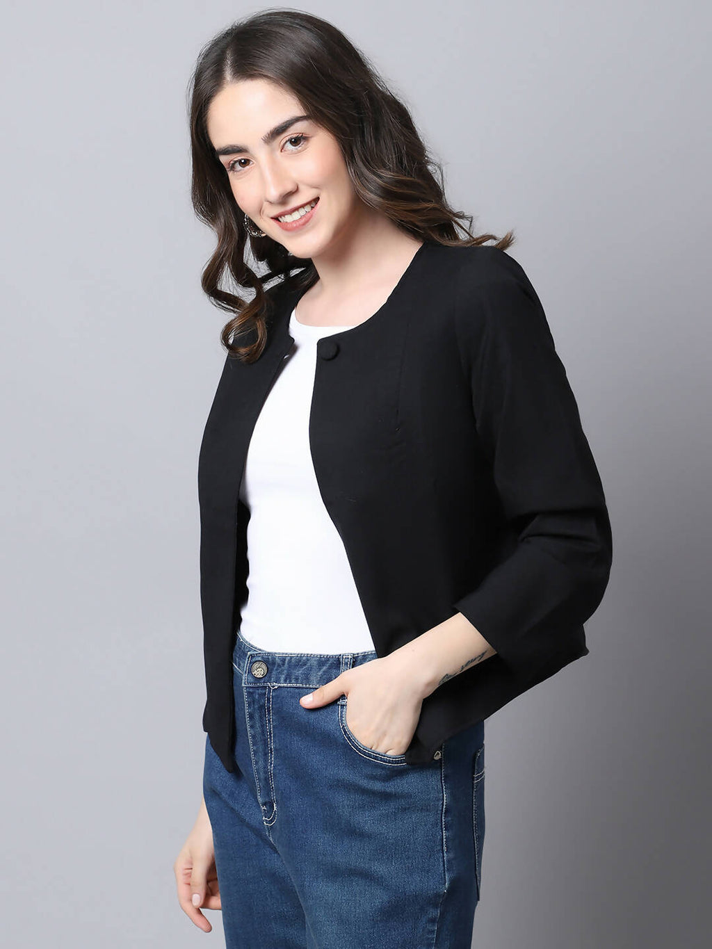 Even Apparels Black Linen Cotton Open Front Statement Women's Jacket