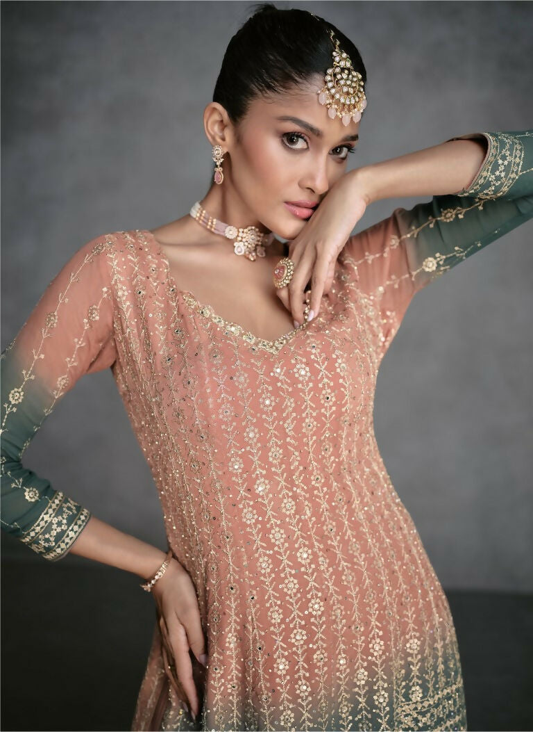 Vastranavya Peach Embroidered Sequins Pakistani Palazzo Suit Party Wear