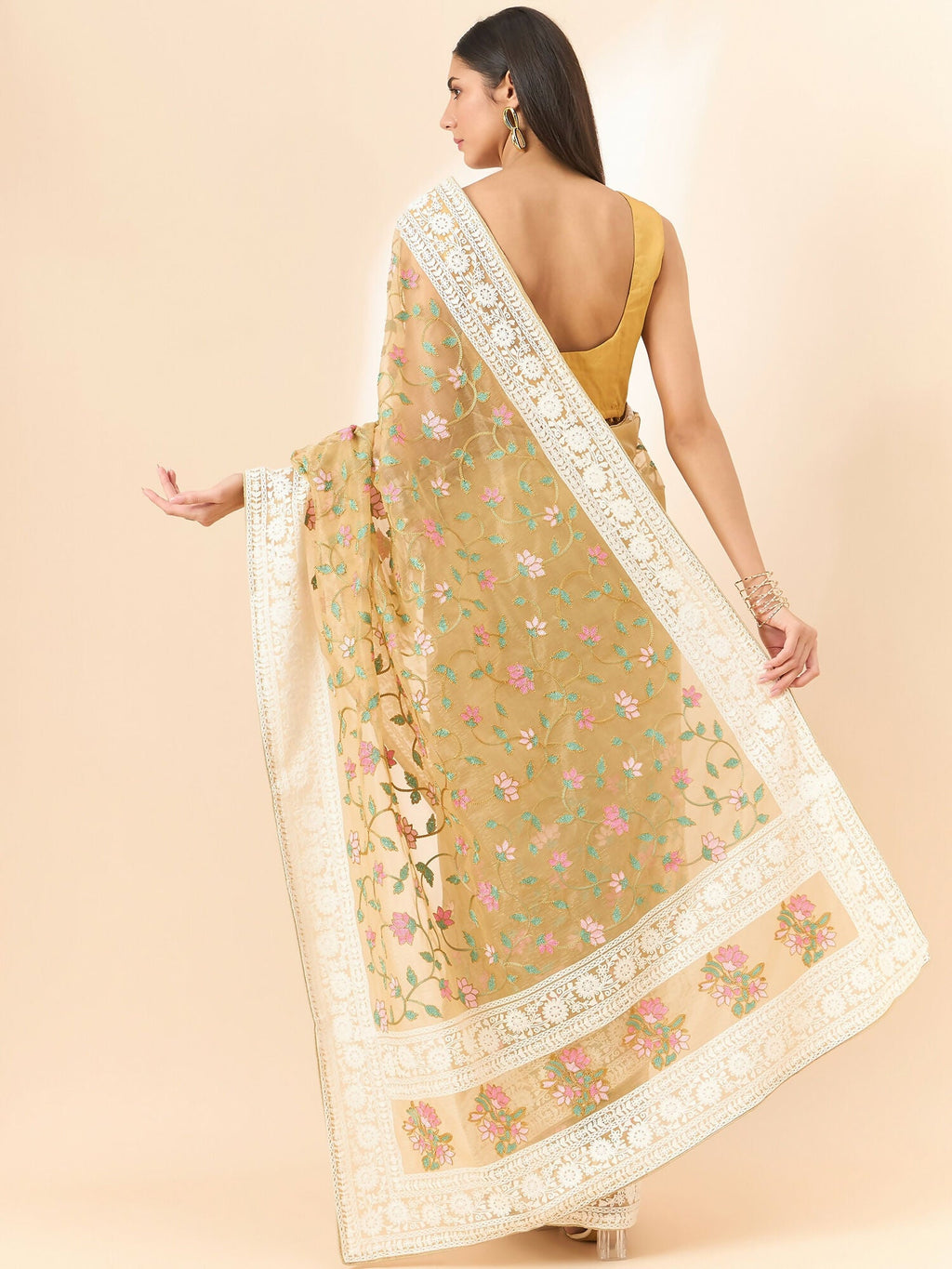 Beige Organza Floral Embroidered Saree with Unstitched Blouse Piece - Roozal