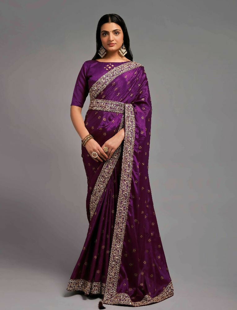 PR Fashion Wine Chinon Embroidery Lace Saree