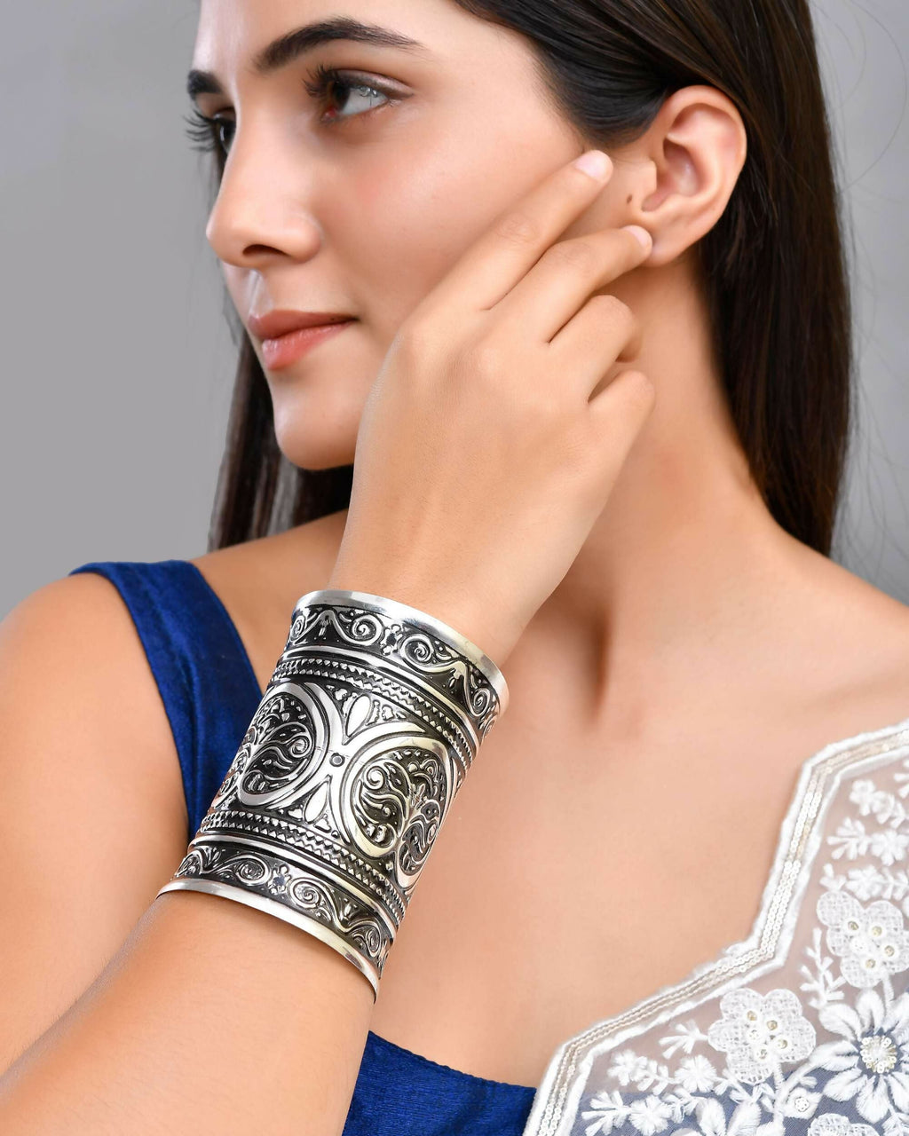 VOJ Silver Plated Oxidised Long Cuff Bracelet