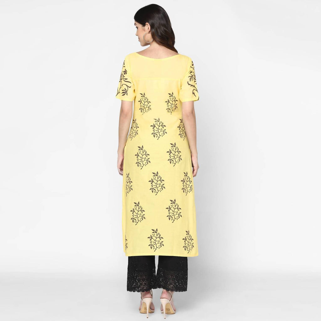 Cheera Hand Block Print Pale Yellow & Black Straight Kurta With Palazzo (MAAI-082K)