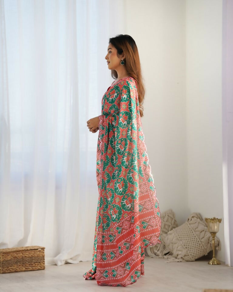 Green Chinon Designer Digital Printed & Mirror Cut Work Saree - Kriti