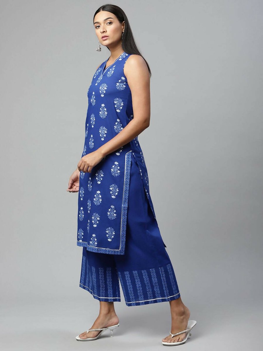 Ahalyaa Womens Indigo Blue Pure Cotton Printed Kurta Palazzo Set
