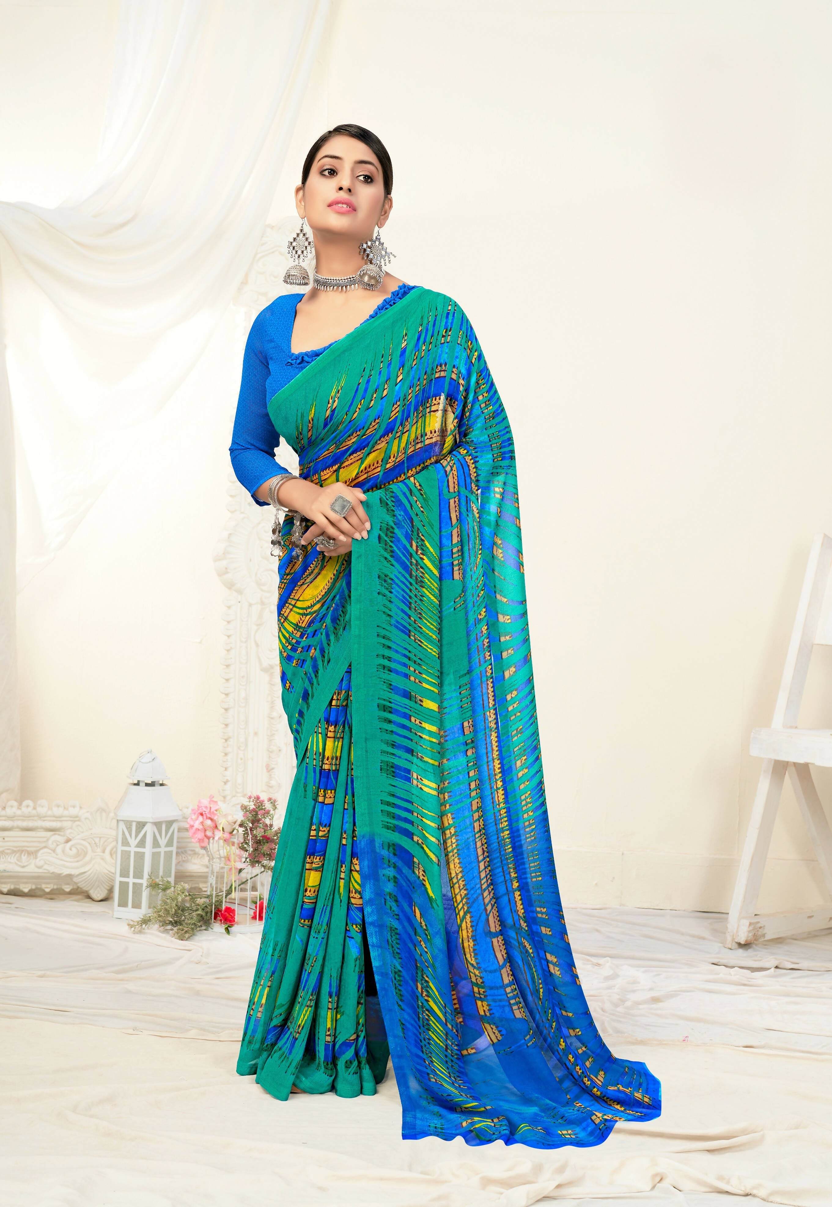Green Georgette Texture Printed Saree With Unstitched Blouse Piece - Jyoti