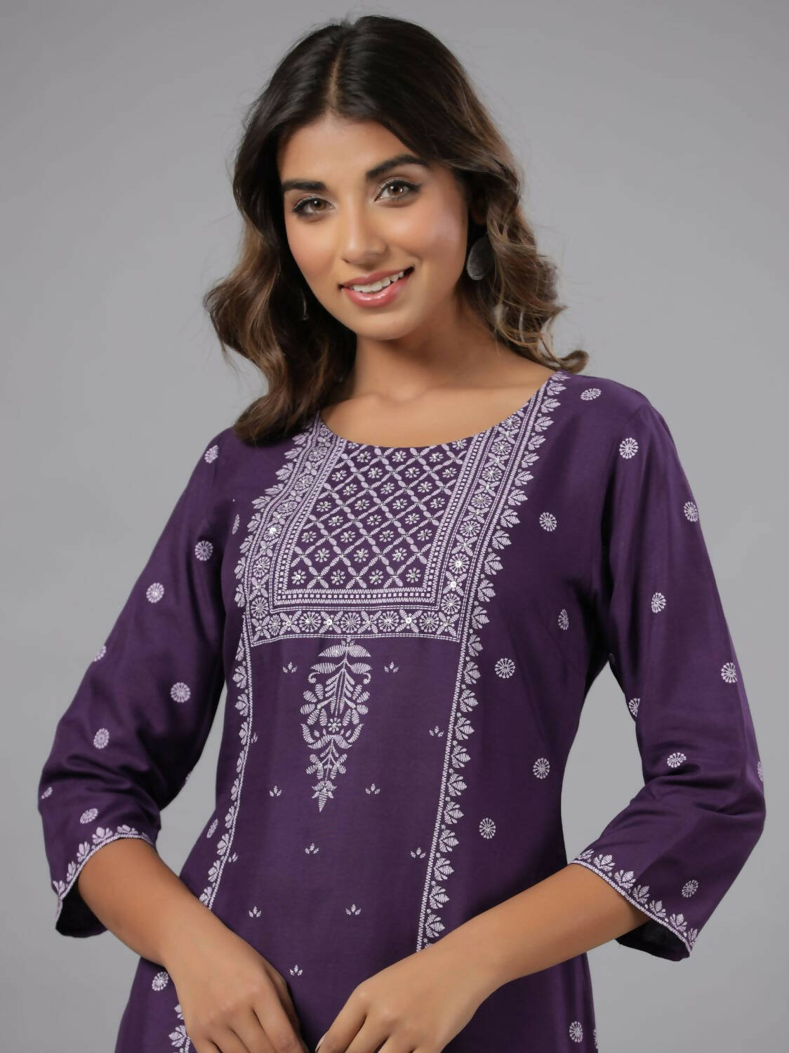Juniper Women Purple Rayon Printed Knee Length Straight Kurta