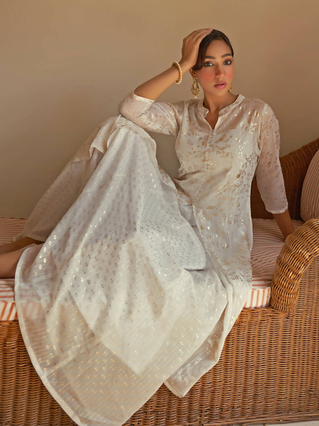 Janasya Women's White Chiffon Lurex Foil Printed Festive Flared Kurta Set
