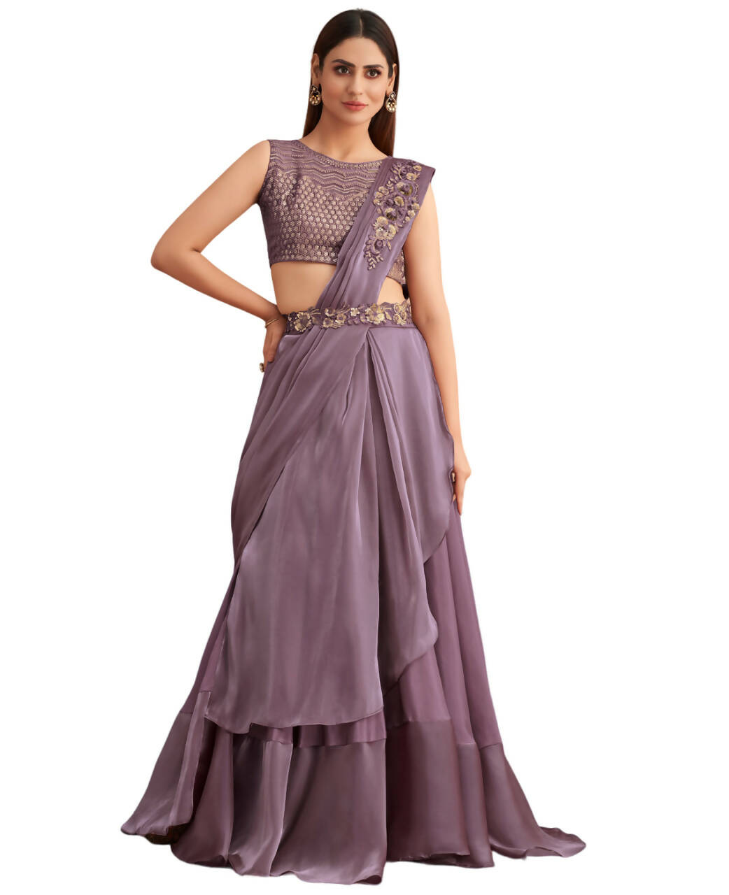 Purple Satin Embroidered Ready To Wear Saree With Unstitched Blouse Piece - Nandika