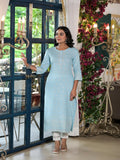Juniper Women's Powder Blue Ethnic Motif Printed Rayon Kurta With Buttons