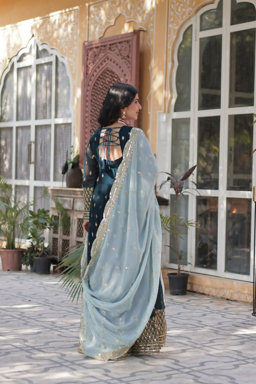 Vastranavya Premium Designer Faux Blooming with Embroidery Zari Sequins work Gown - Teal