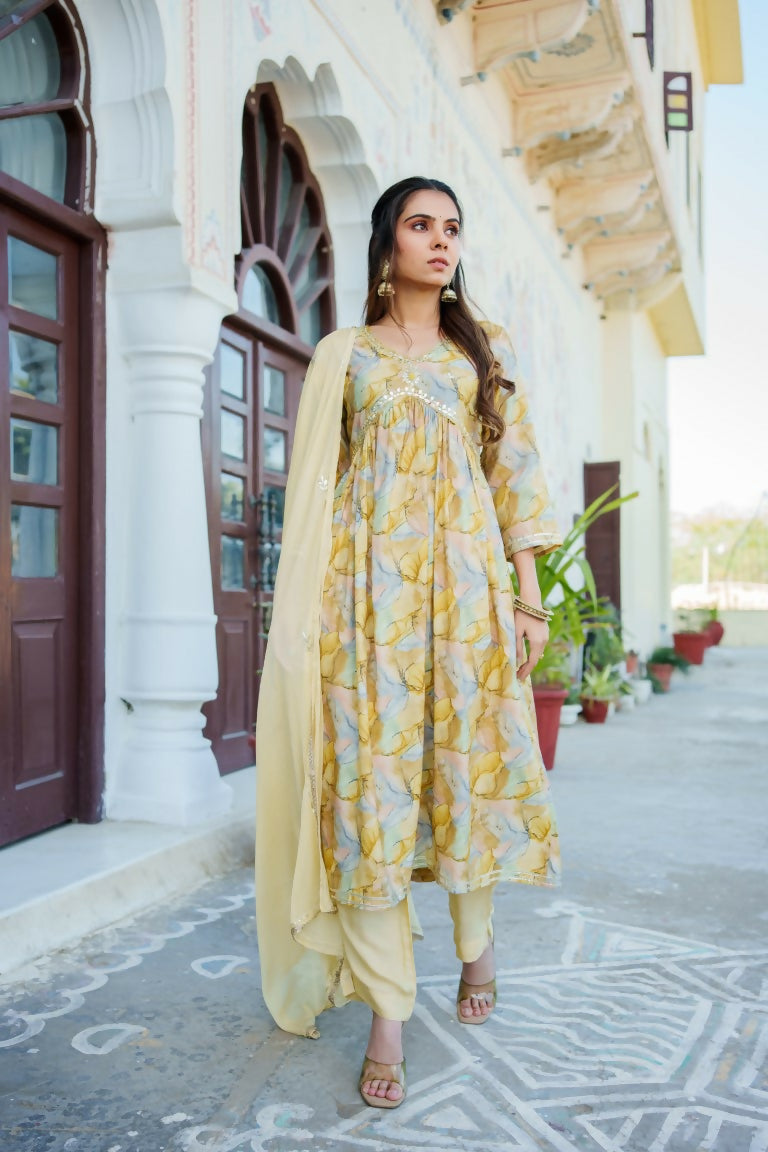 Vaasva Women Yellow Muslin Embroidered Kurta, Pant & Dupatta Set