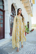 Vaasva Women Yellow Muslin Embroidered Kurta, Pant & Dupatta Set