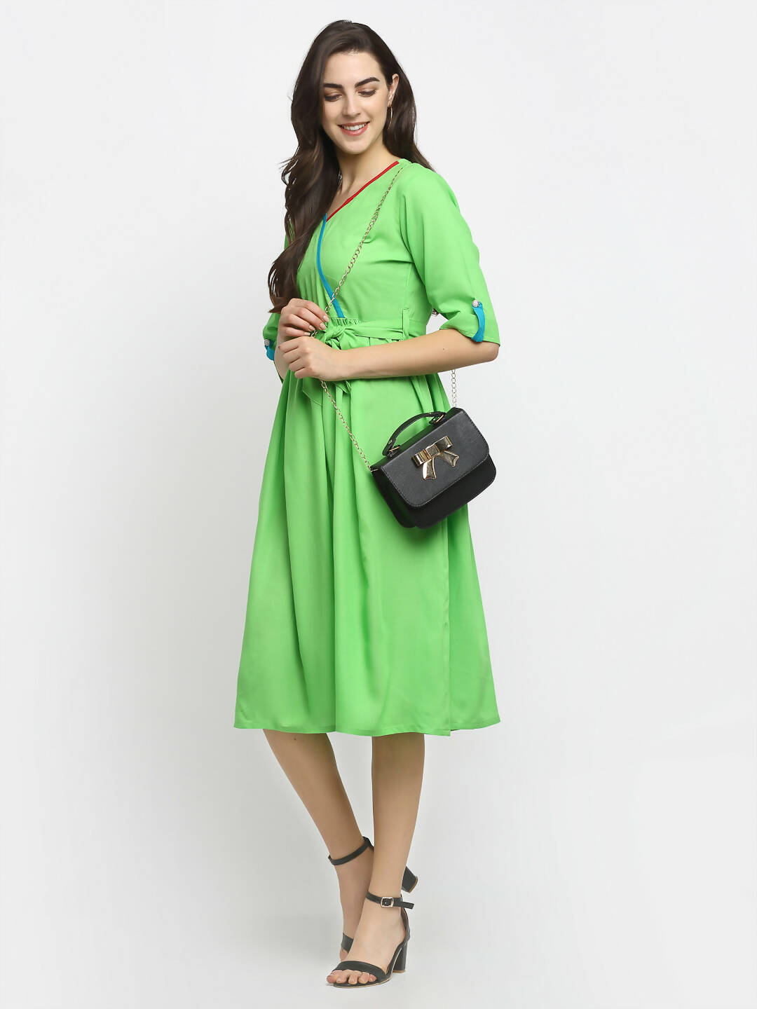Rudra Bazaar Lime Green Flared Kurta with Belt