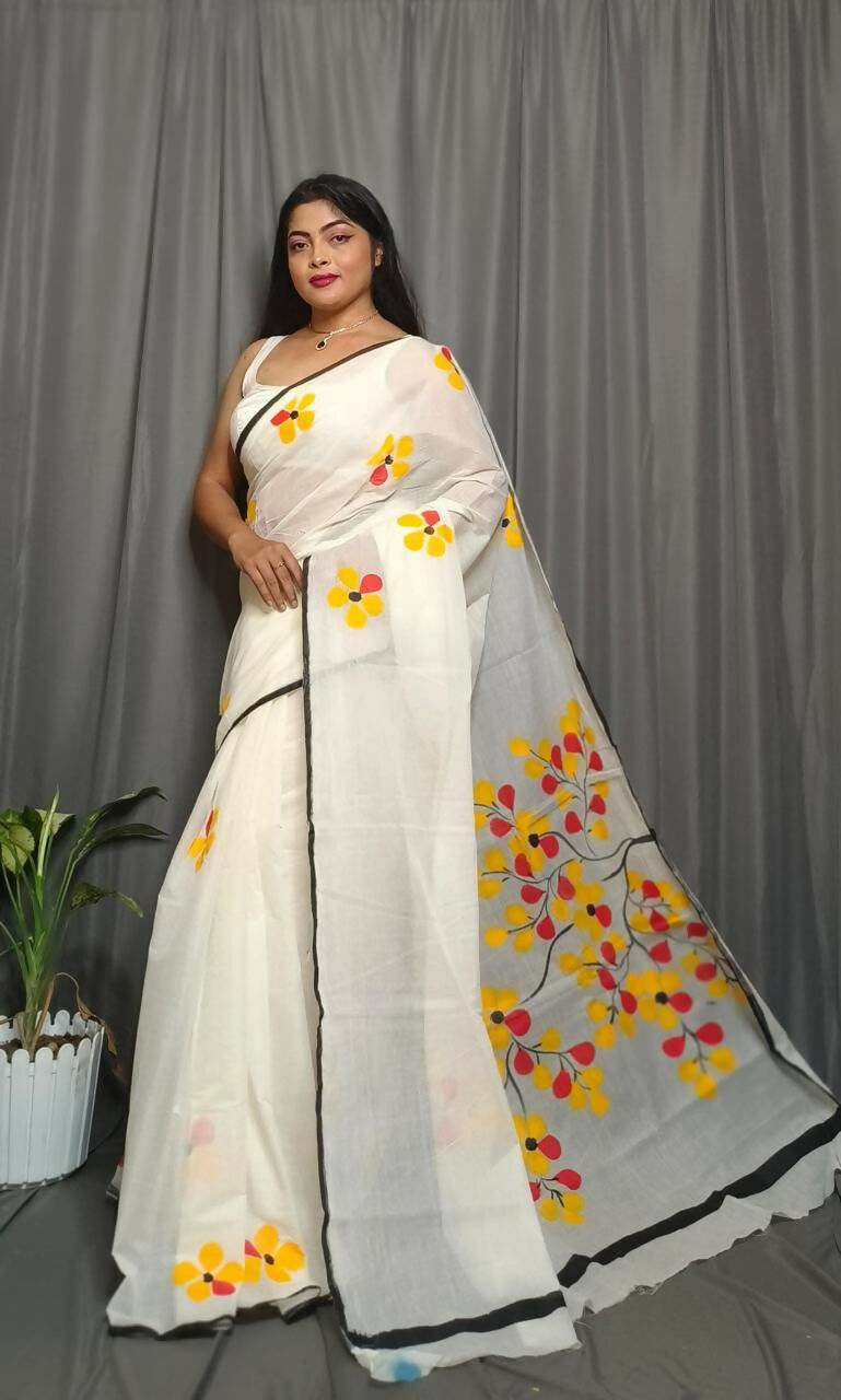 Exclusive Collection Beautiful White Yellow Pure Cotton Hand Print Handloom Saree With Running Blouse Piece