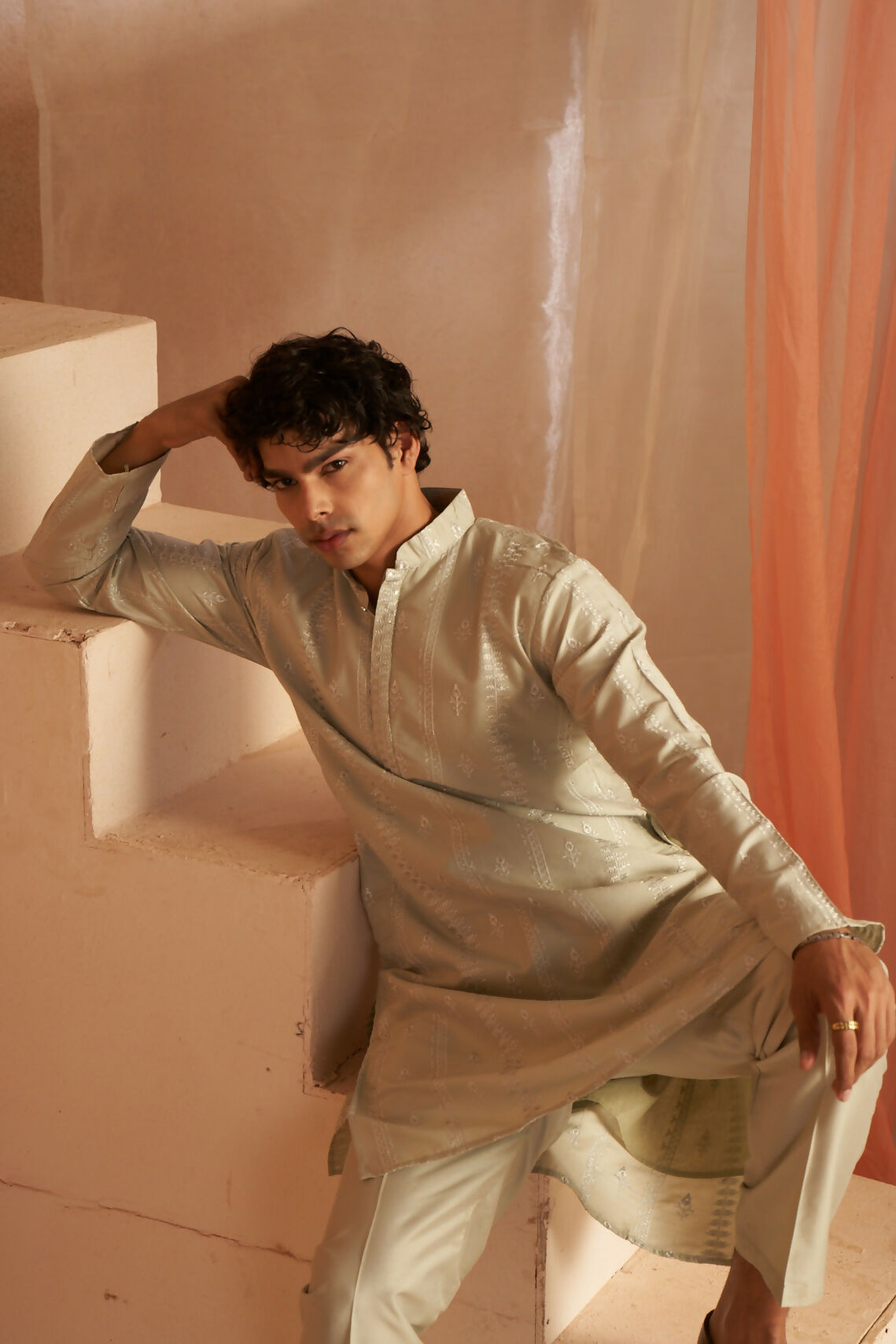 Light Green Silk Designer Embroidery Work Men's Kurta Set - Mahotsav