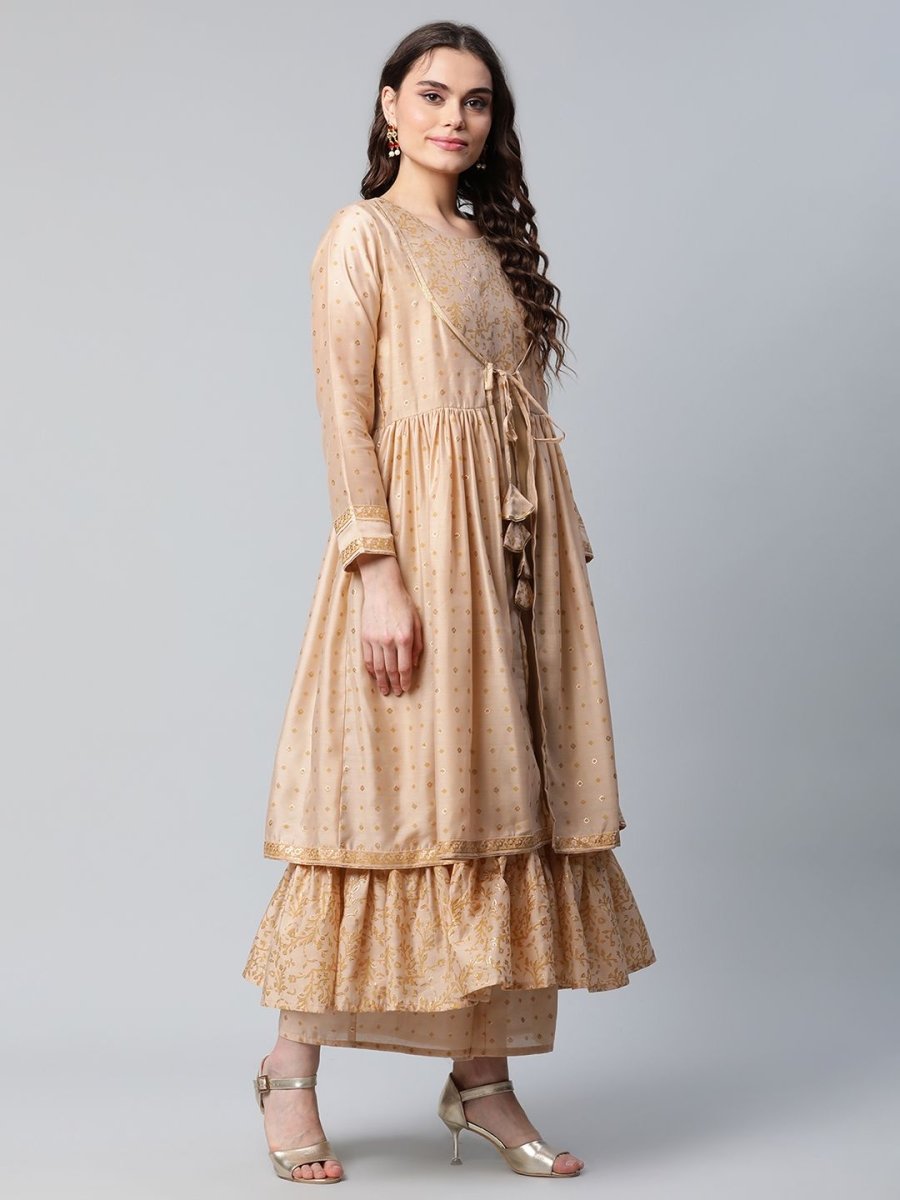 Ahalyaa Womens Beige Chanderi Kurta Palazzo Set with Dupatta