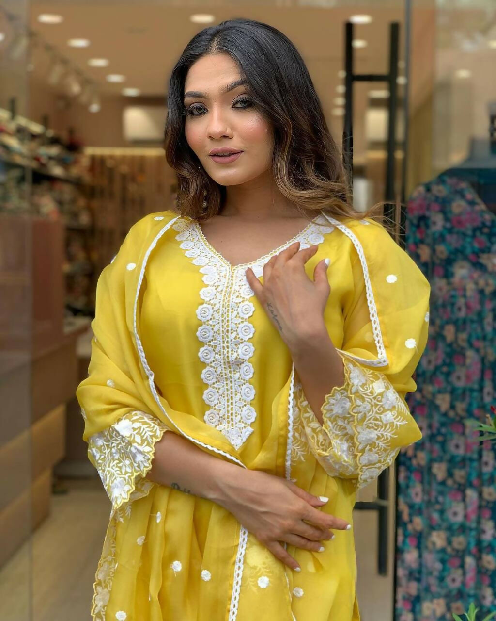 The52 Yellow Women's Gorgeous Embroidered Georgette Fabric Straight Kurta Pant with Dupatta Set