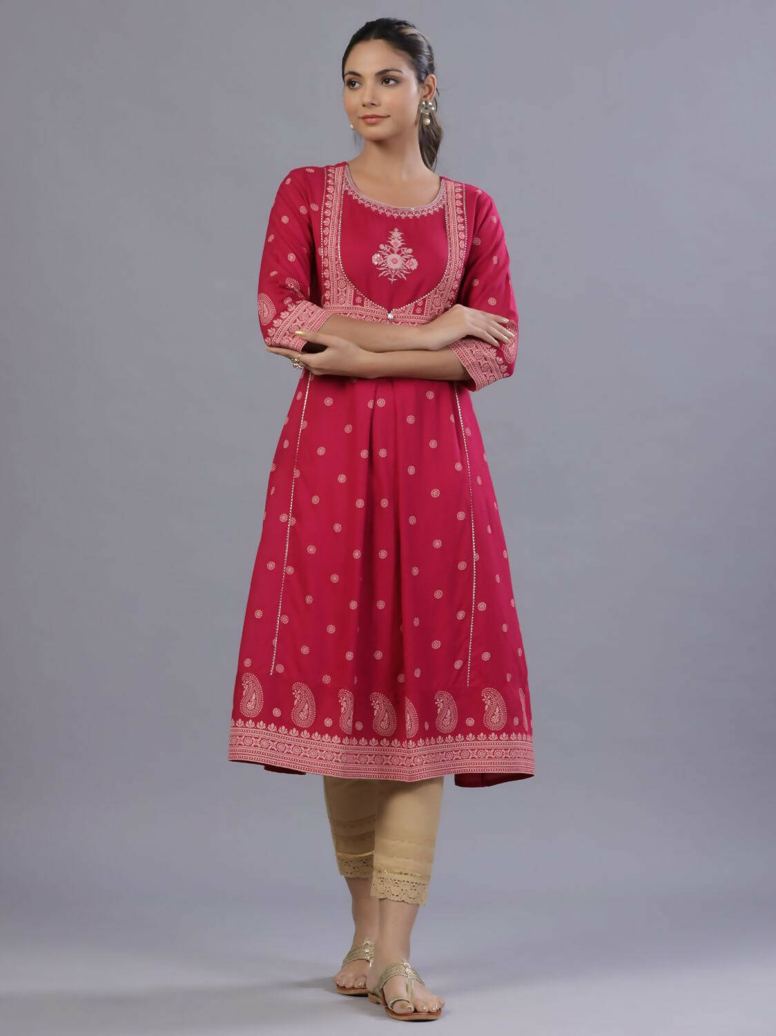Juniper Women Fuchsia Rayon Printed A-Line Kurta