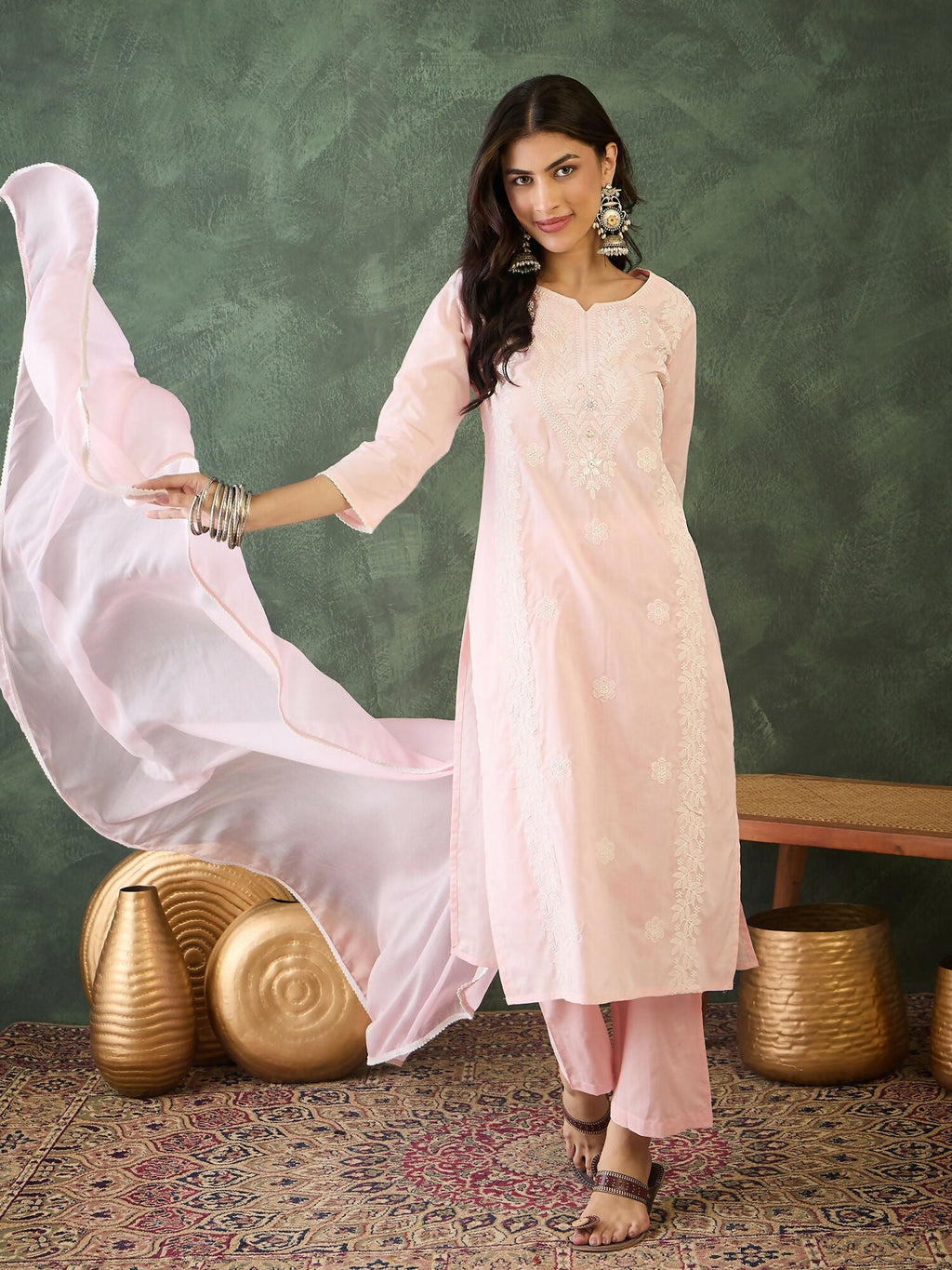 The52 Baby pink Women's Gorgeous Cotton Blend Fabric Thread Work Straight Kurta, Pant and Dupatta Set