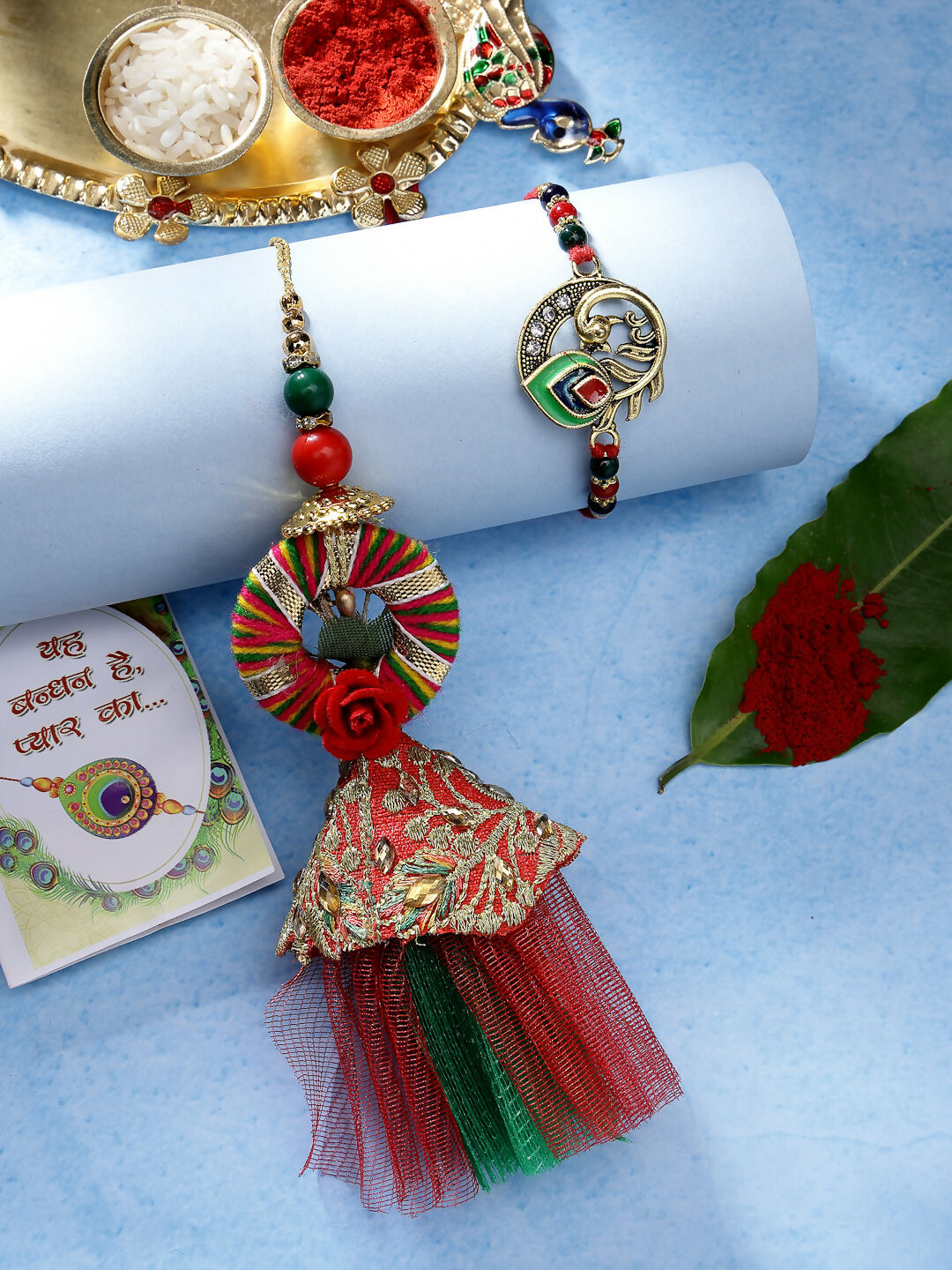 NVR Women & Men Set of 2 Multicolor Peacock Design Bhaiya Bhabhi Rakhi With Roli Chawal