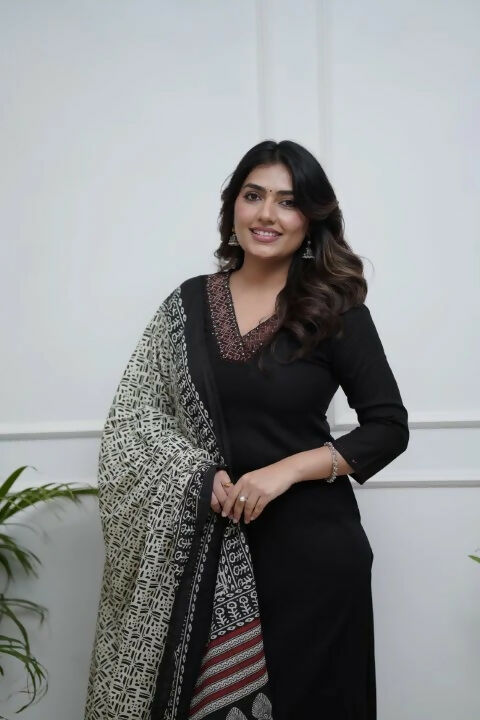 The52 Black Women's Gorgeous Parampara Fabric Embroidered Work Straight Kurta Palazzo and Dupatta Set