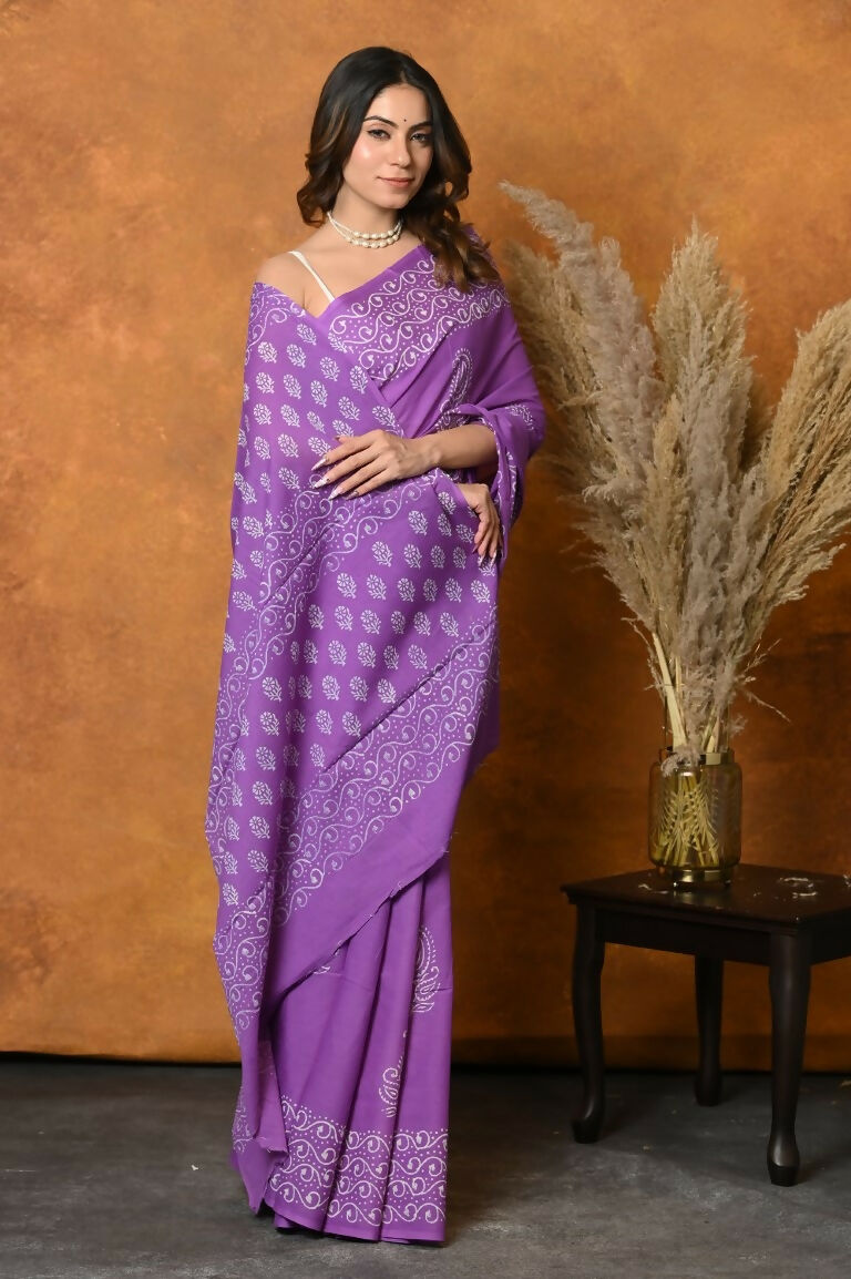 Very Much Indian Handblock Printed Cotton Saree With Natural Dyes - Purple