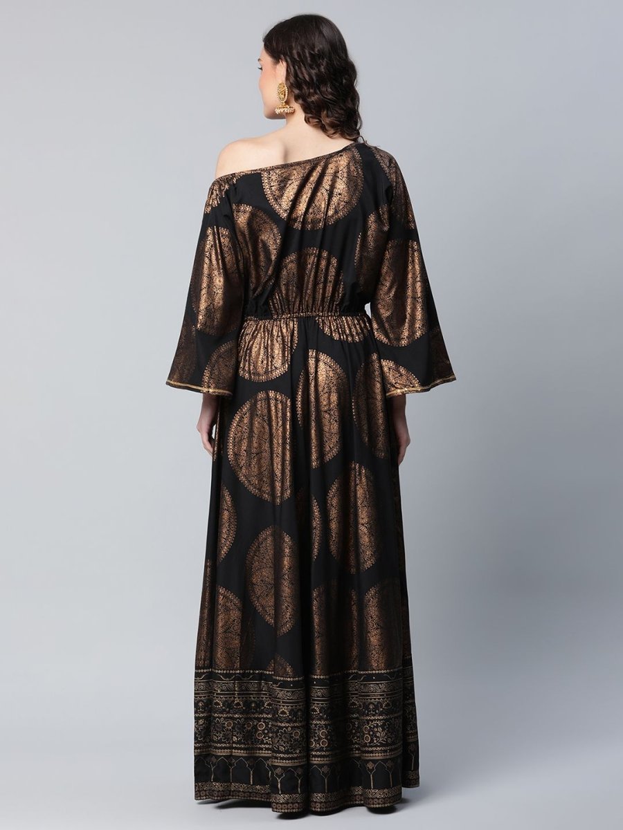 Ahalyaa Womens Black Crepe Copper Foil Printed Maxi Dress
