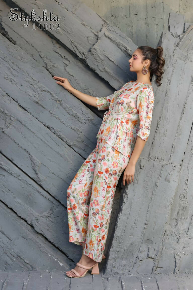 Women's Partywear Designer White & Multi Muslin co-ord set - Stylishta