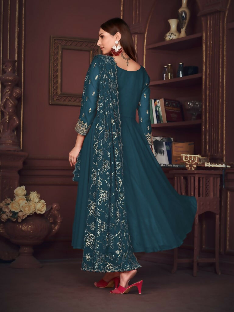 Jyoti Fashion Women's Rama Georgette Embroidered Anarkali Kurta Pant Set With Dupatta