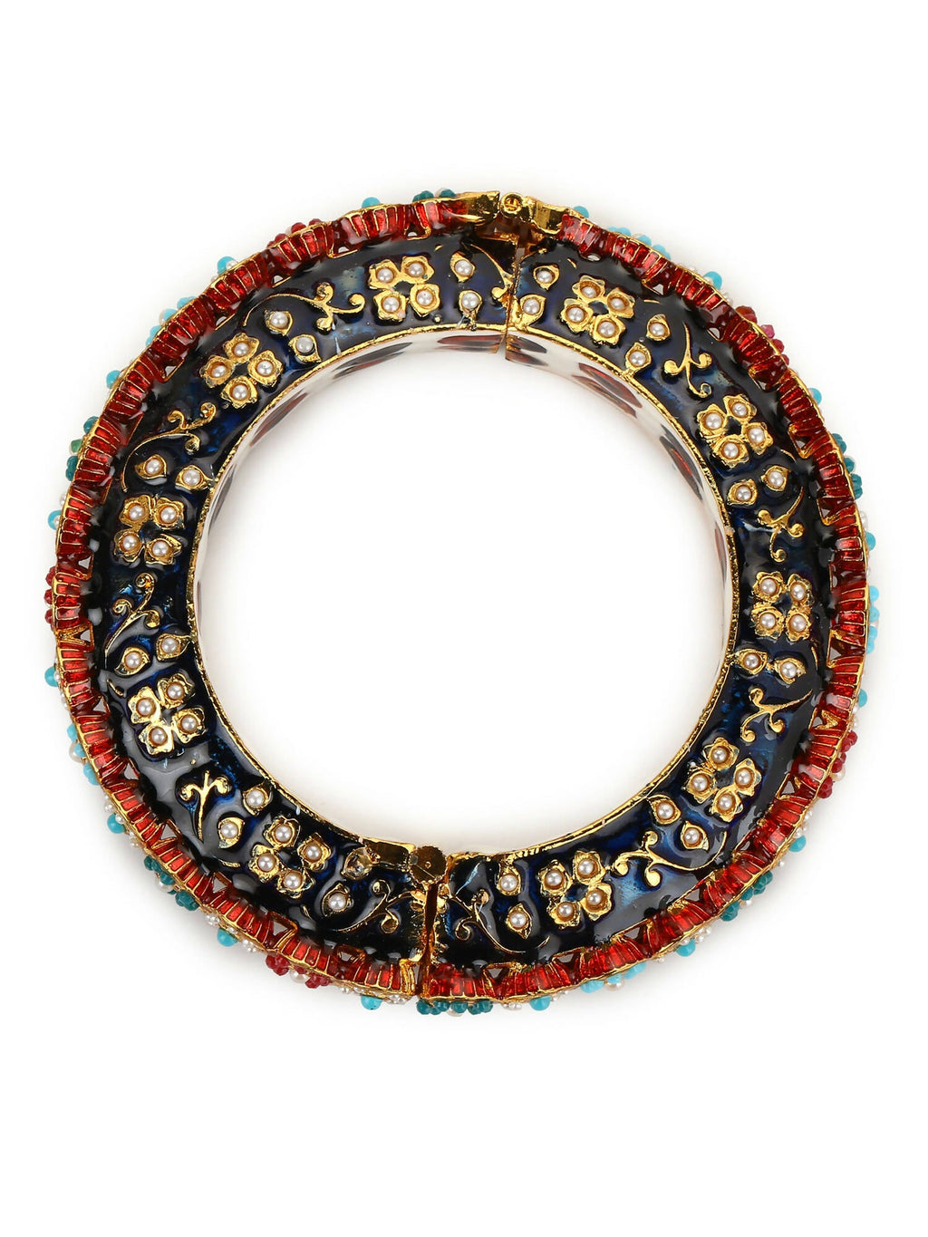 Gold-Polished Blue White Kundan Studded Pearls Beaded Bangle - Ruby Raang