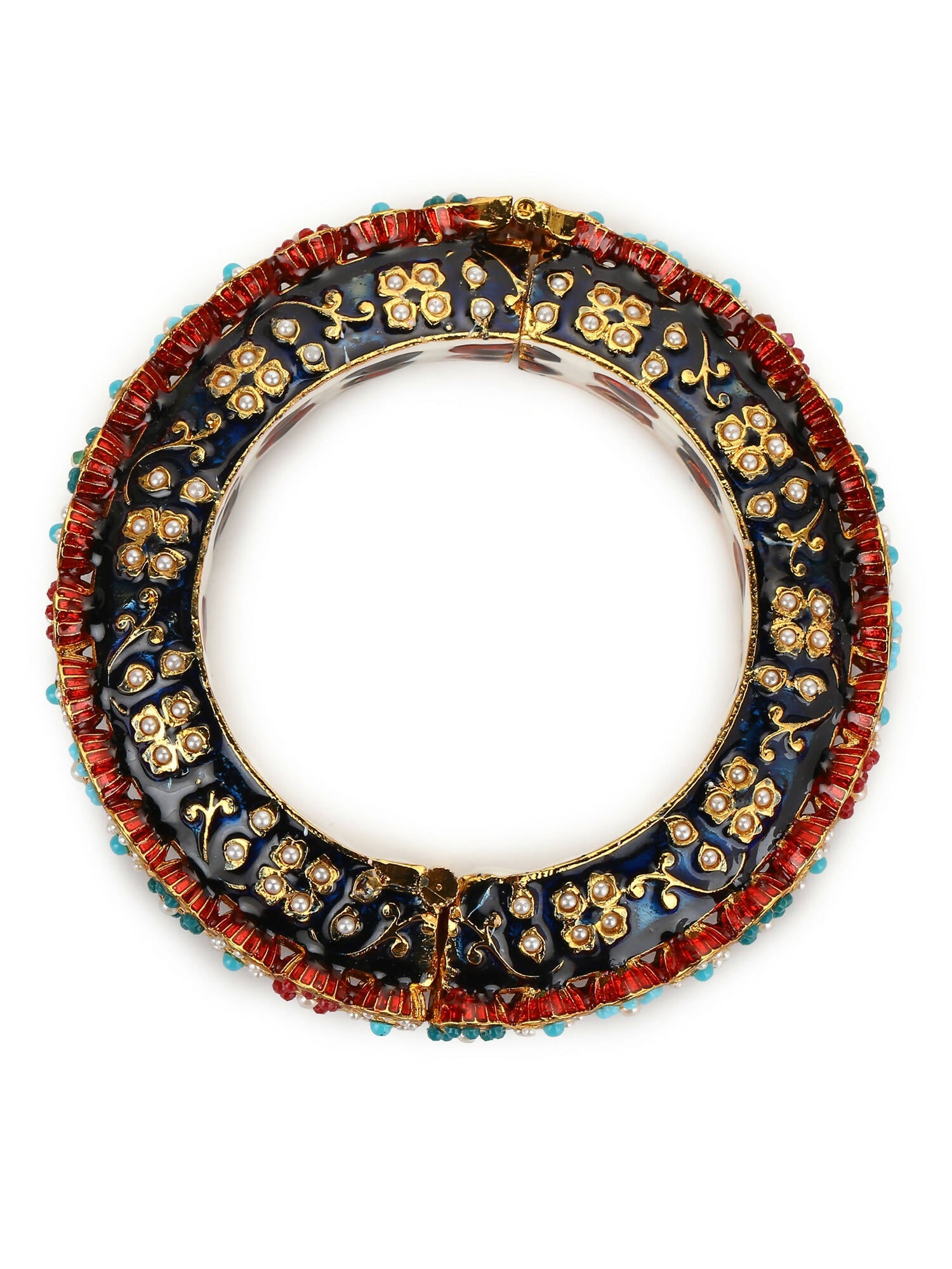 Gold-Polished Blue White Kundan Studded Pearls Beaded Bangle - Ruby Raang