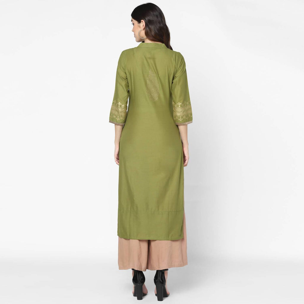 Cheera Hand Block Print Military Color Straight Kurta (MAAI-050K)