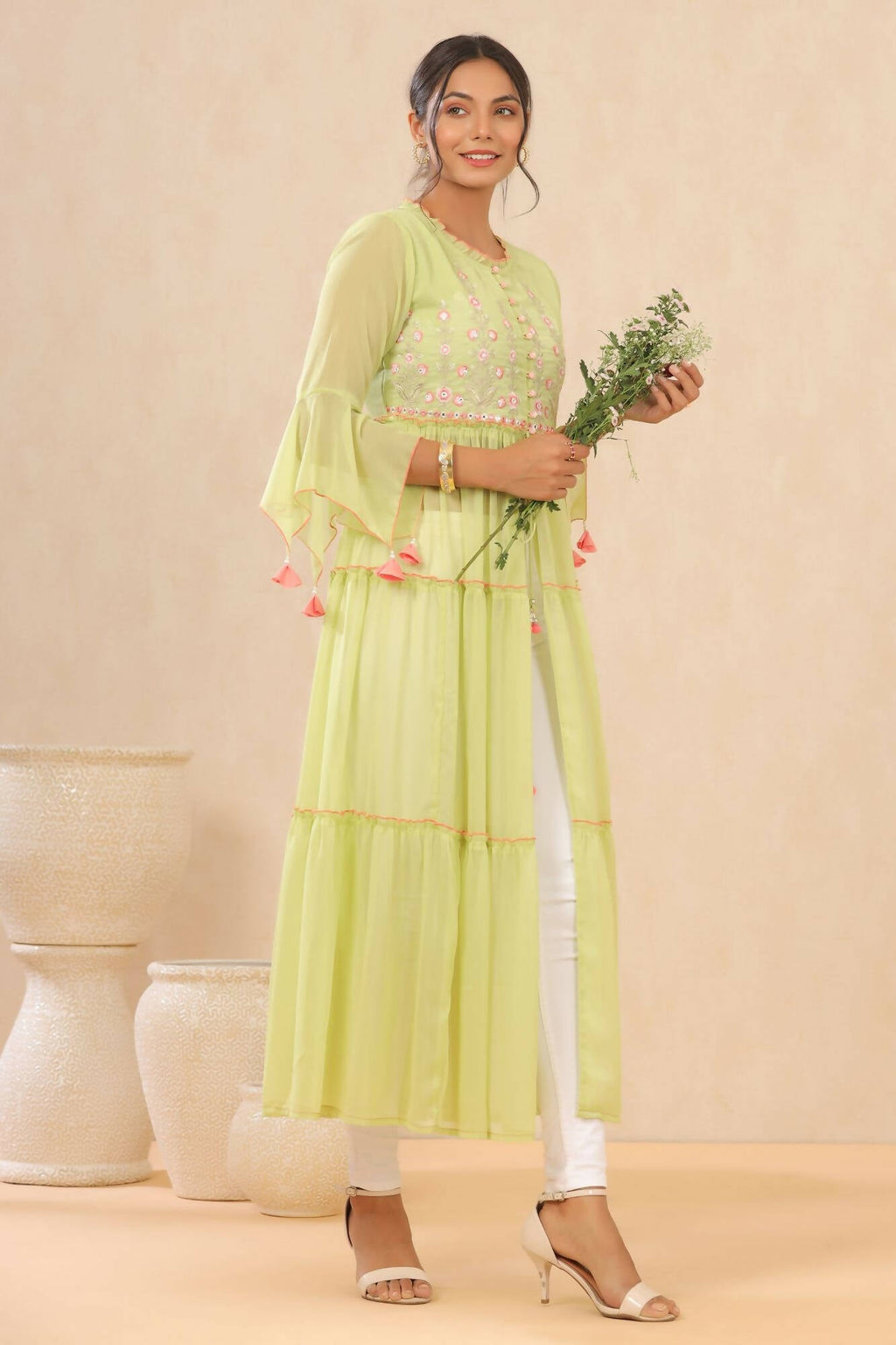 Juniper Women Green Chiffon Embroidered Tiered Kurta