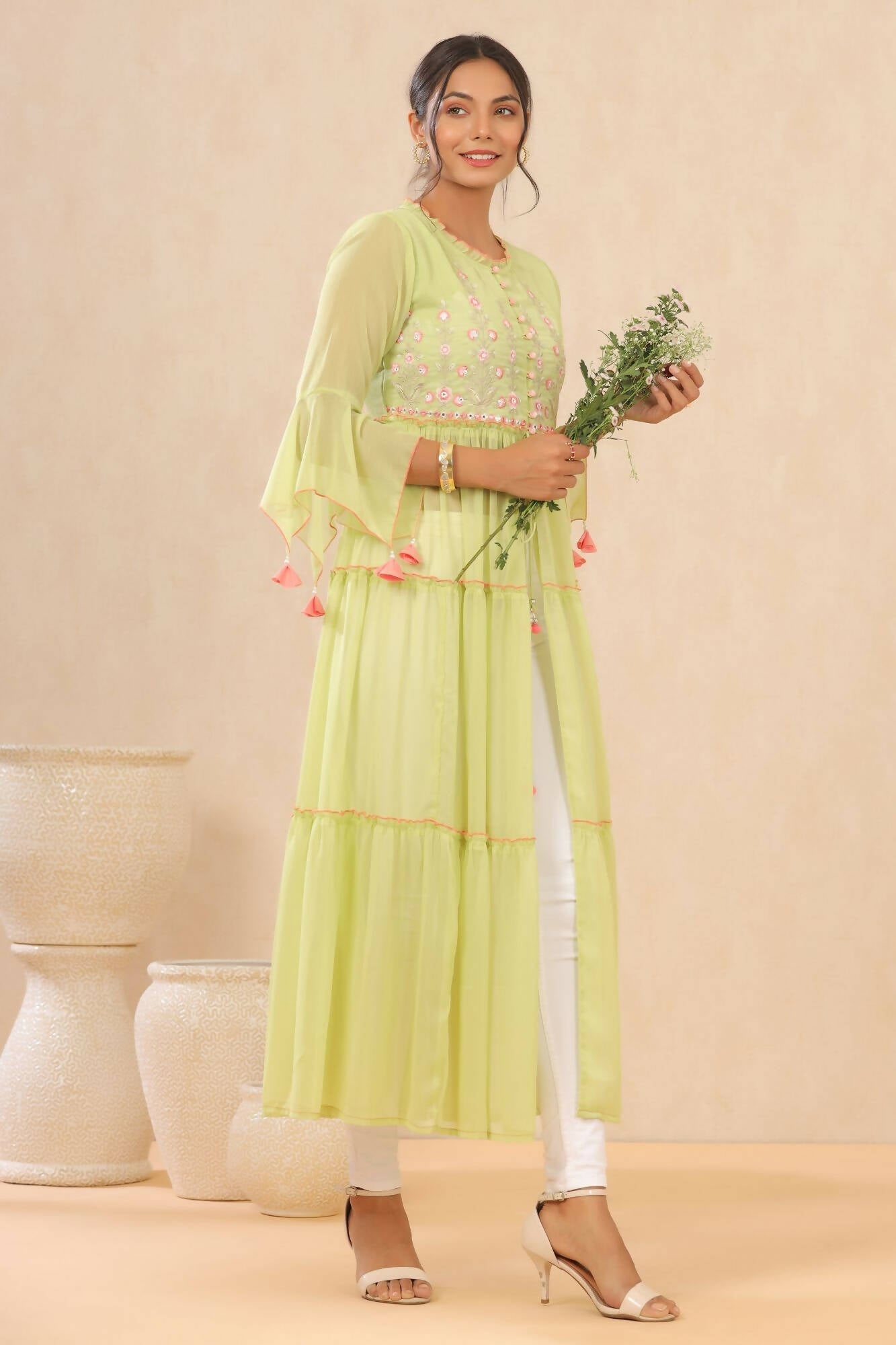 Juniper Women Green Chiffon Embroidered Tiered Kurta