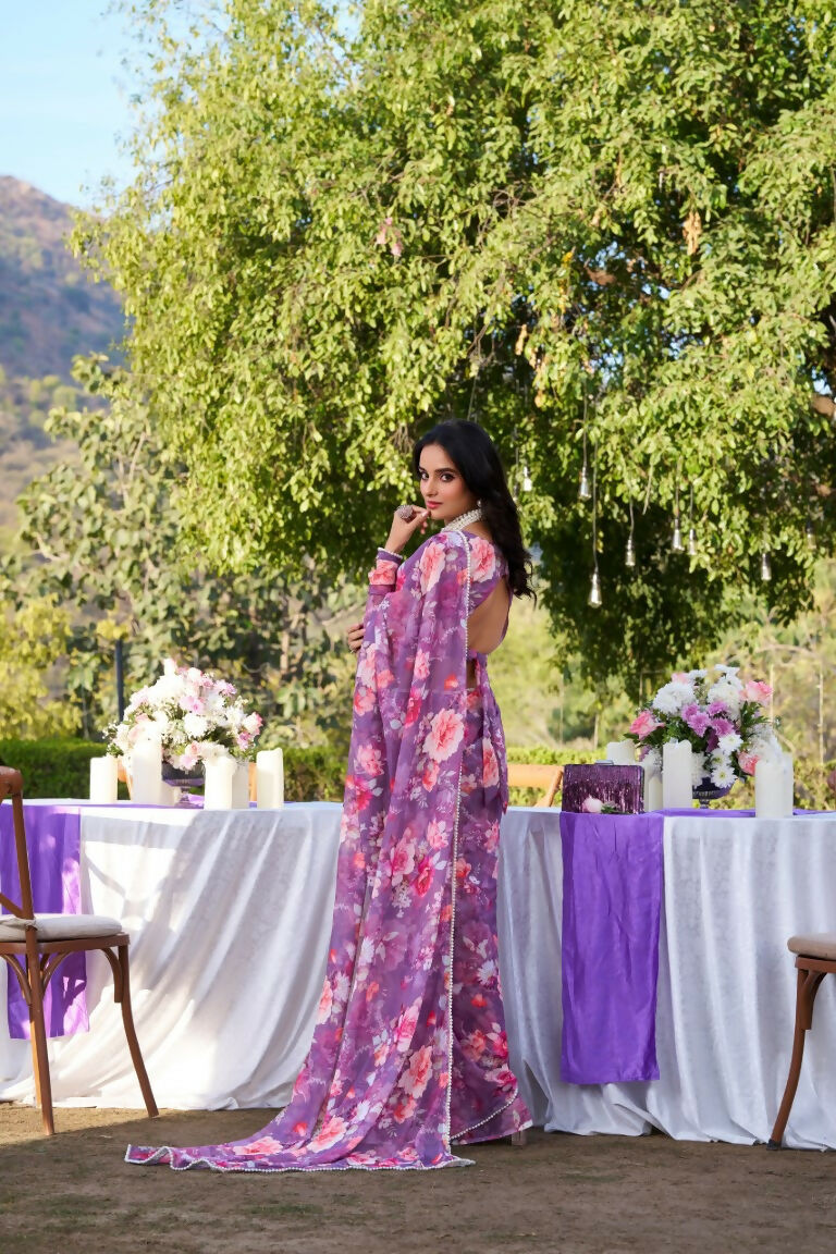Vastranavya Onion Weightless Marble Printed & Pearl Lace Border Saree with Unstitched Blouse