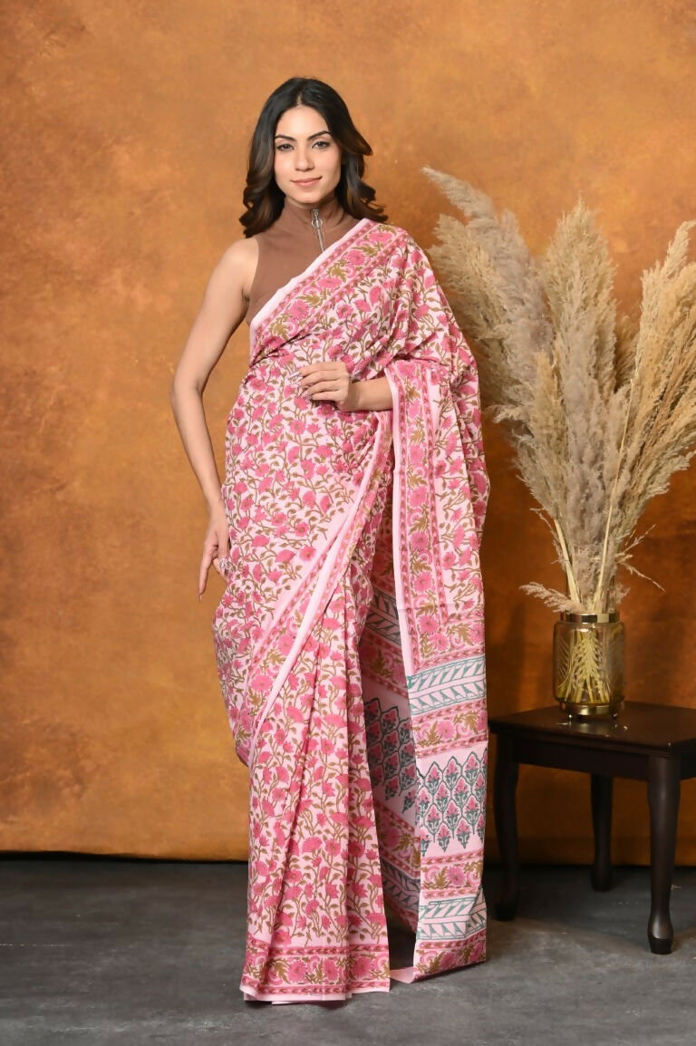 Very Much Indian Pure Cotton Handblock Printed Saree - Light Pink