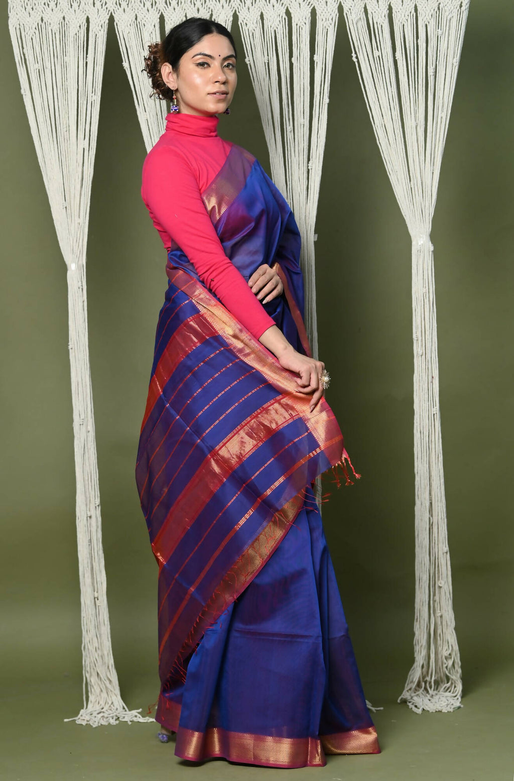 Very Much Indian Handloom Cotton Silk Maheshwari Saree With Sleek Golden Border - Dark Blue