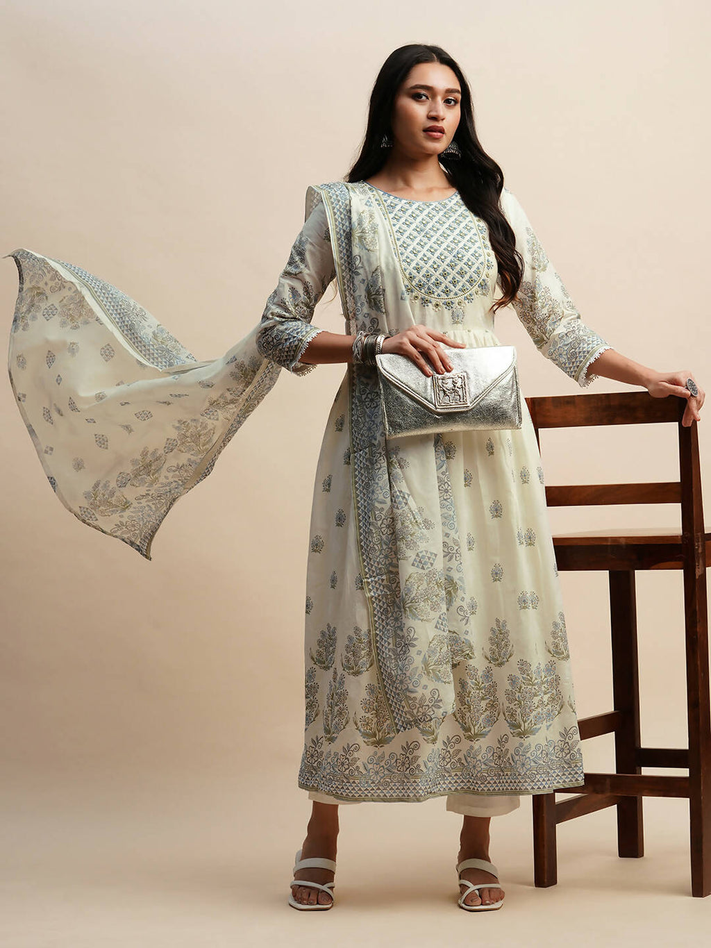 White And Blue Pure Cotton Floral Printed Anarkali Kurta And Bottom With Dupatta - Akashara