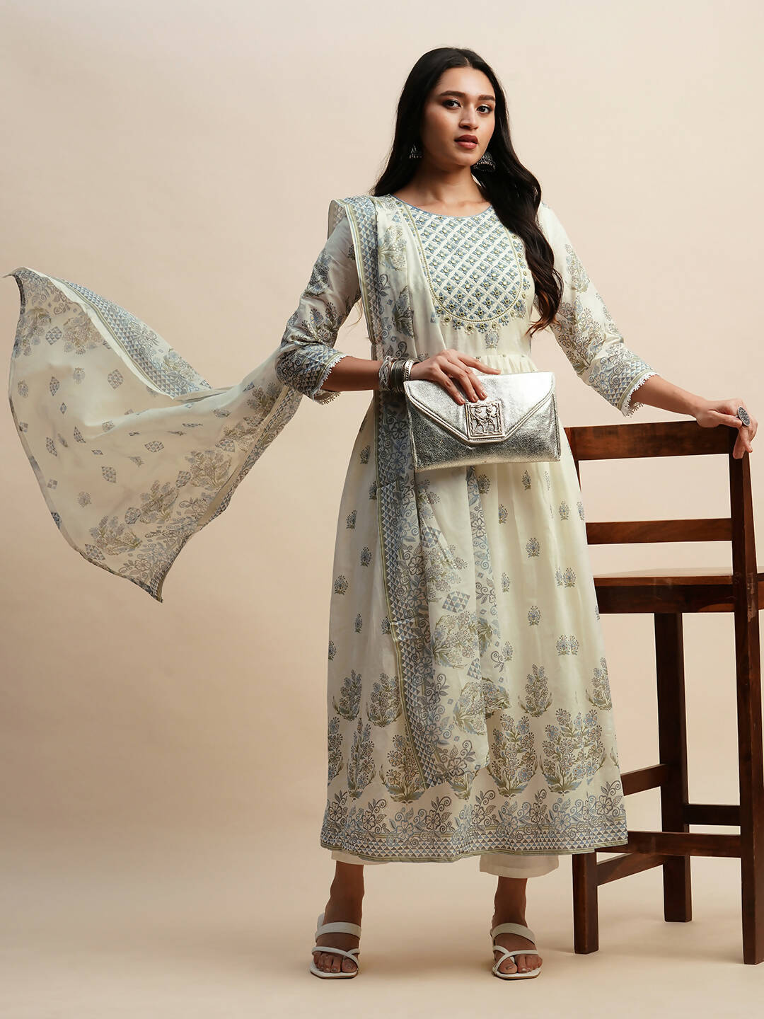 White And Blue Pure Cotton Floral Printed Anarkali Kurta And Bottom With Dupatta - Akashara