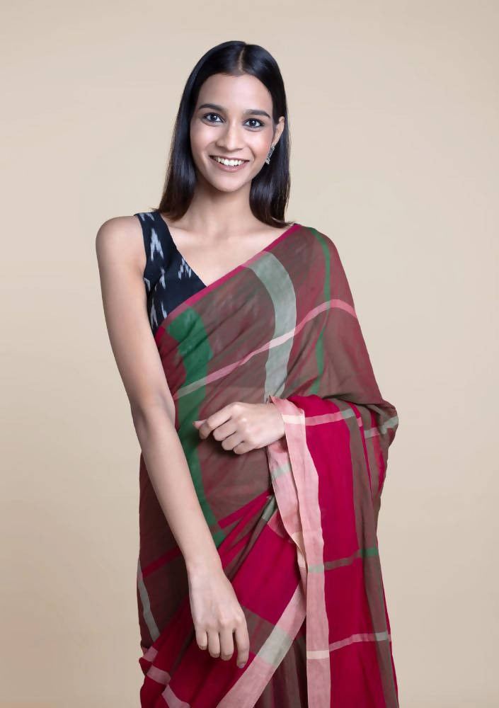 Suta Women Maroon Green Pure Handloom Cotton Saree