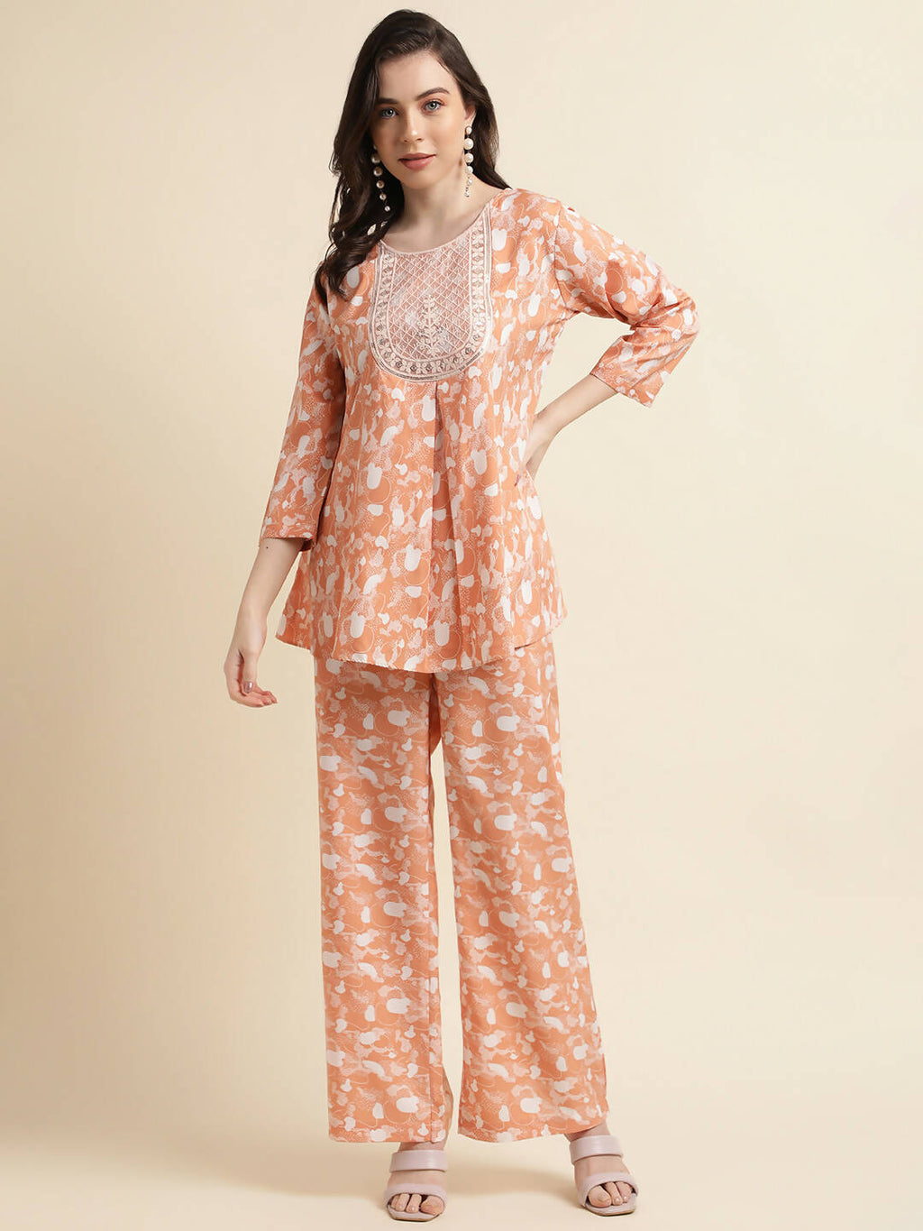 Orange Poly Crepe Digital Printed Top with Matching Bottom - Preeti