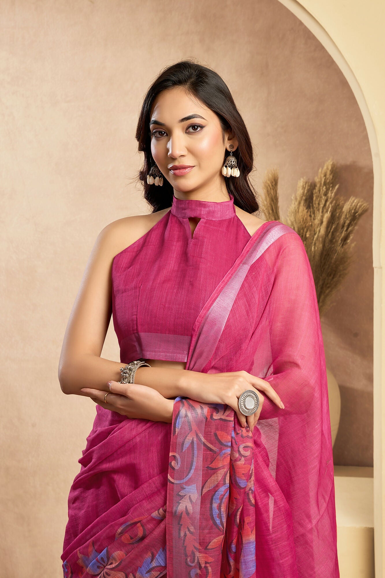 Vastranavya Pink Digital Printed Linen Ready To Wear Designer Saree with Unstitched Blouse