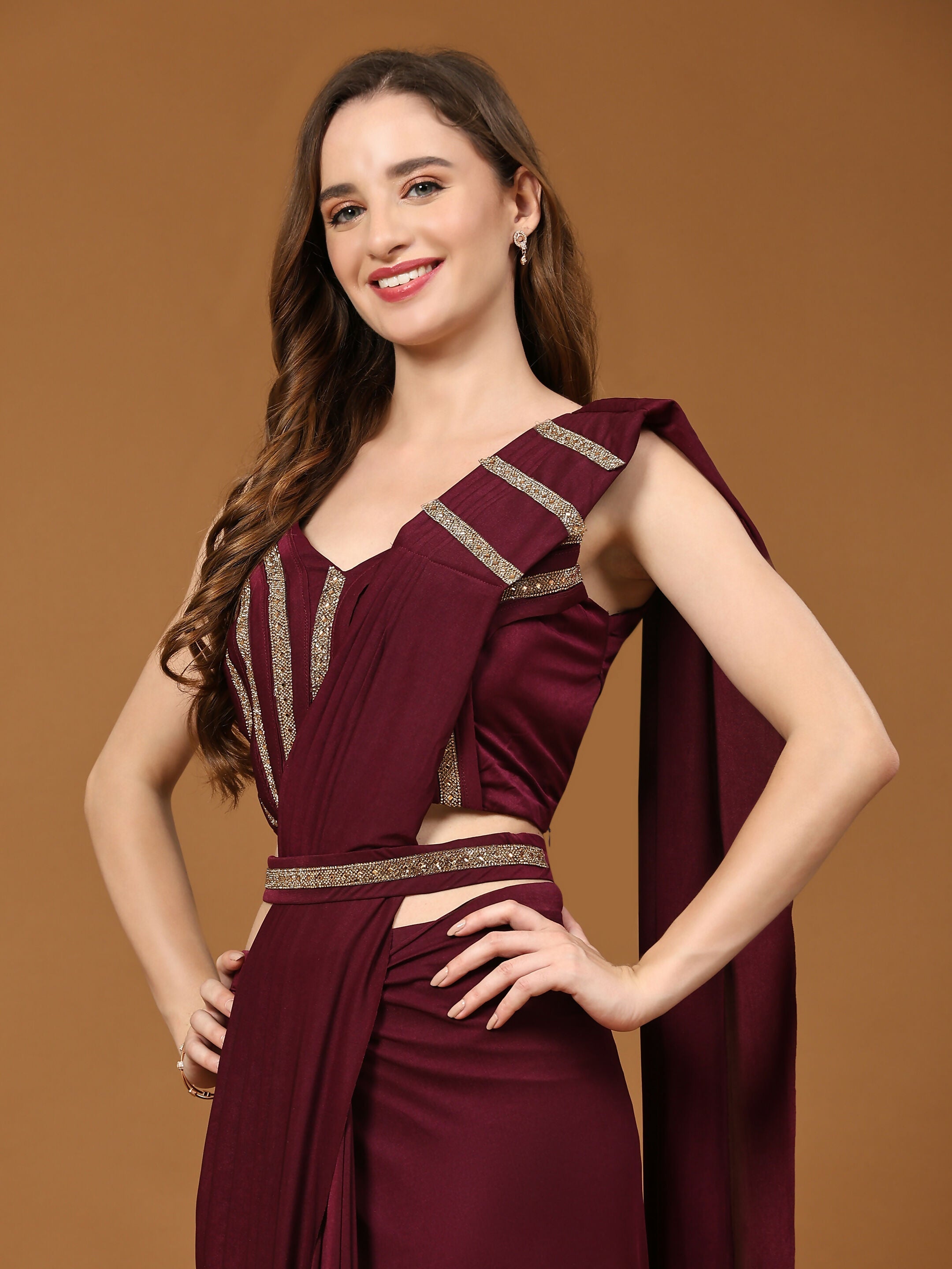 Maroon Polyester Solid Ready to Wear Saree with stitched Blouse - Nita