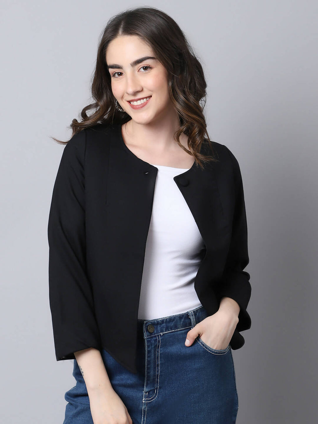 Even Apparels Black Linen Cotton Open Front Statement Women's Jacket