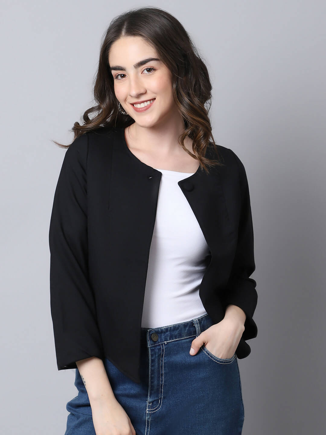 Even Apparels Black Linen Cotton Open Front Statement Women's Jacket