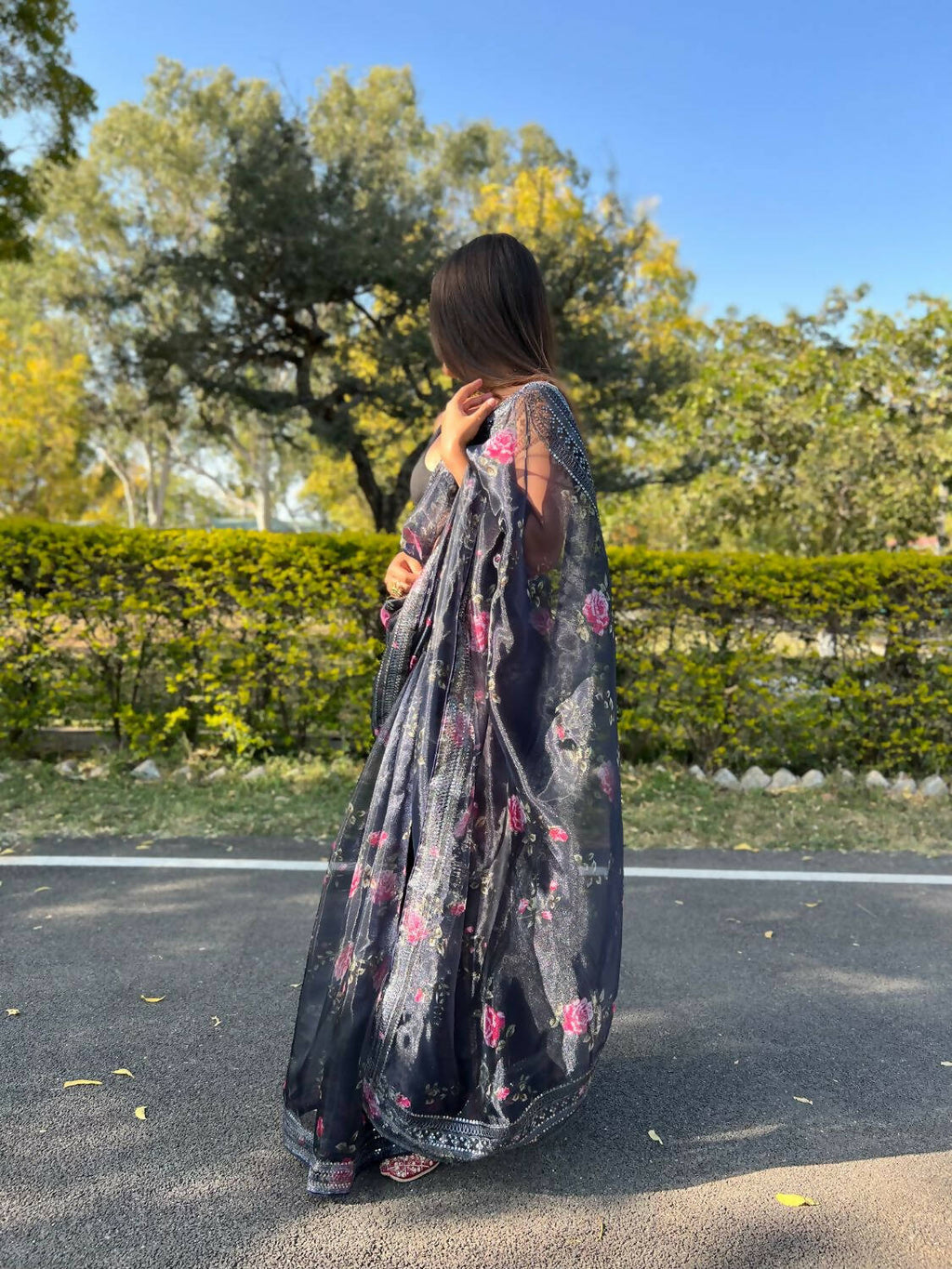 Vamsee Navy Blue Organza Saree