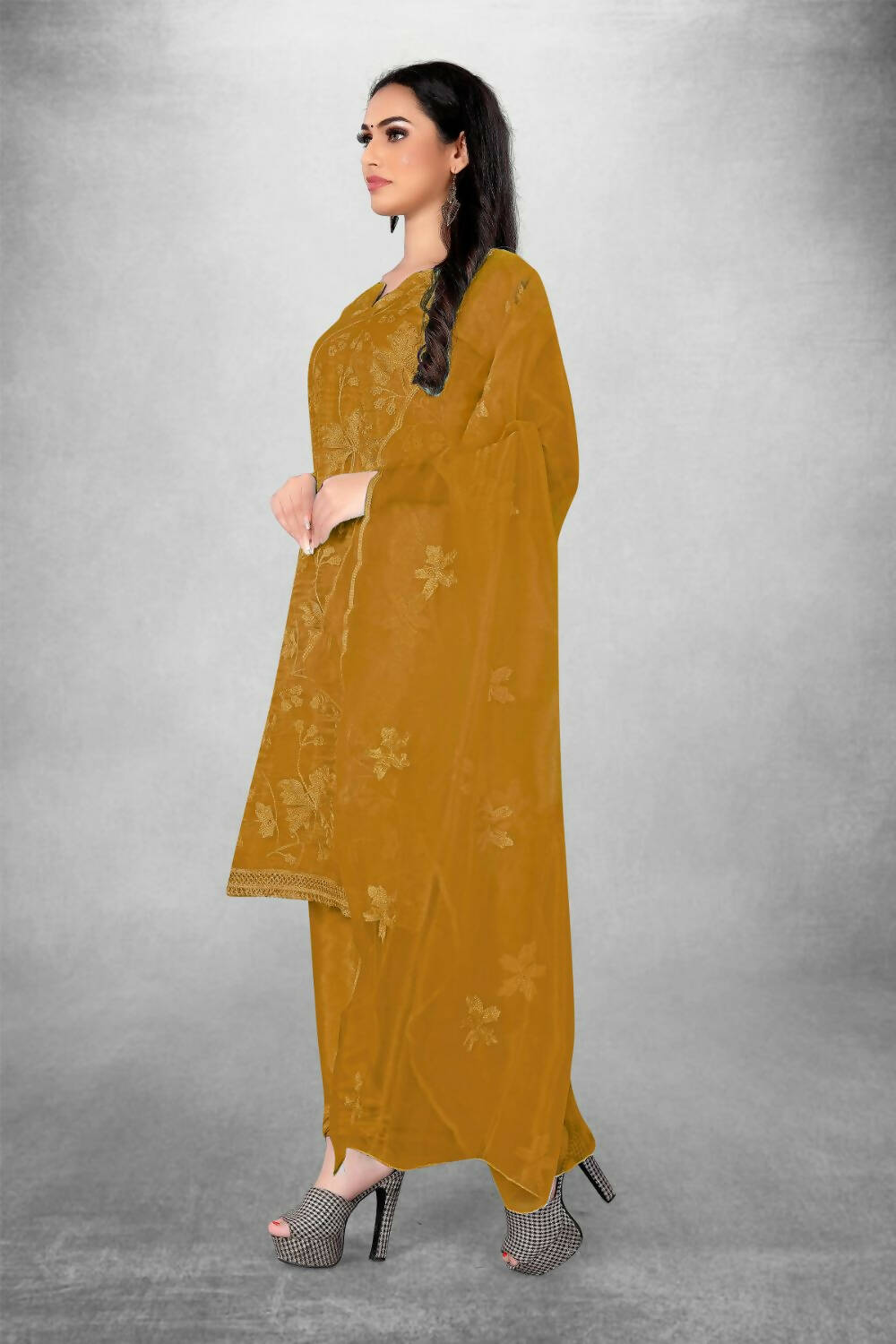 Mustard Heavy Organza Silk Embroidered Unstitched Dress Material - Amara