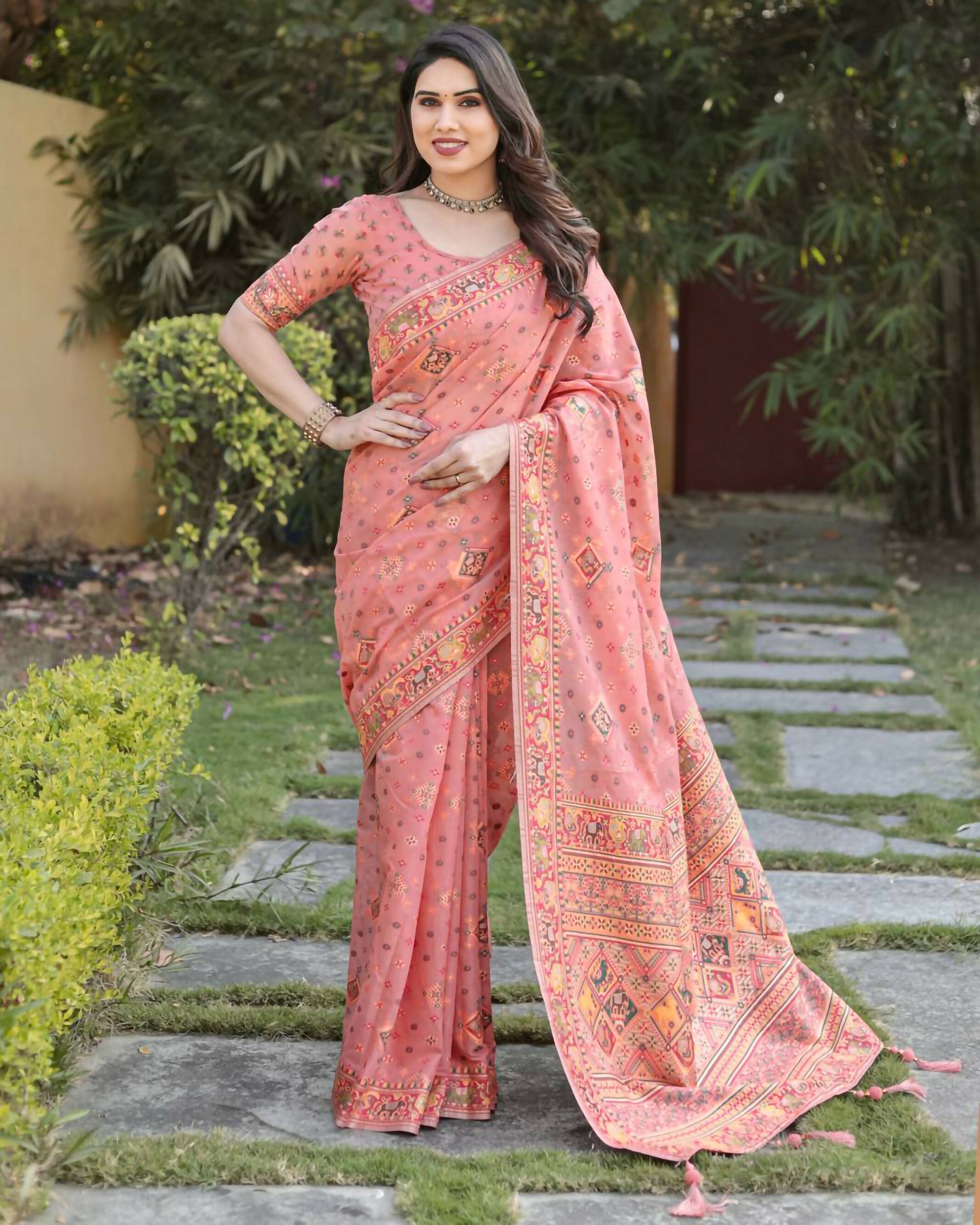 Vastranavya Luxury and Beautiful Soft, Smooth, Flowing Original Pashmina Soft Cotton Saree with Matching Blouse Fabric - Peach
