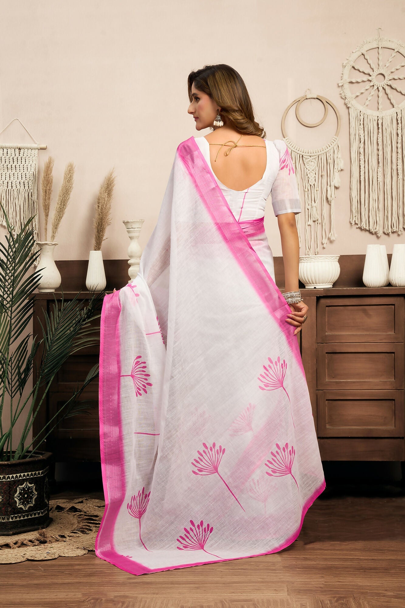 Vastranavya White Digital Printed Linen Ready To Wear Designer Saree with Unstitched Blouse