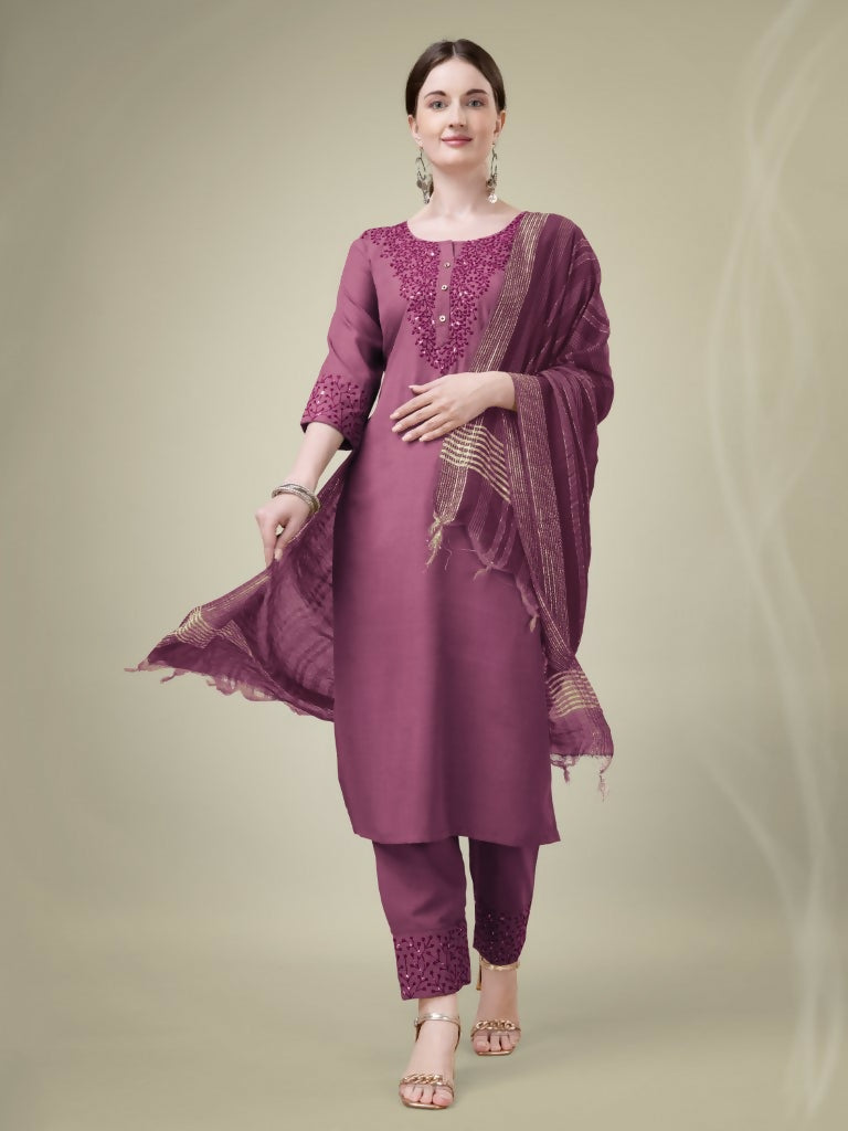 Jyoti Fashion Women's Onion Cotton Blend Embroidery & Sequence work Kurta with Trouser & Dupatta